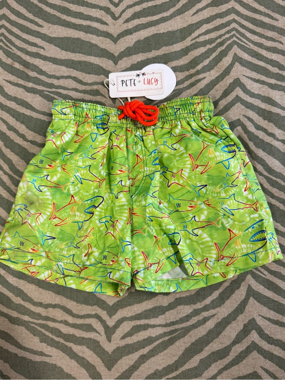 Lime Green Shark Print Kids Swim Shorts with Orange Drawstring